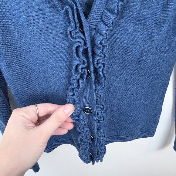 Carole Little Blue 100% Italian Merino Wool Ruffle Preppy Cardigan Size Medium - Picture 4 of 8